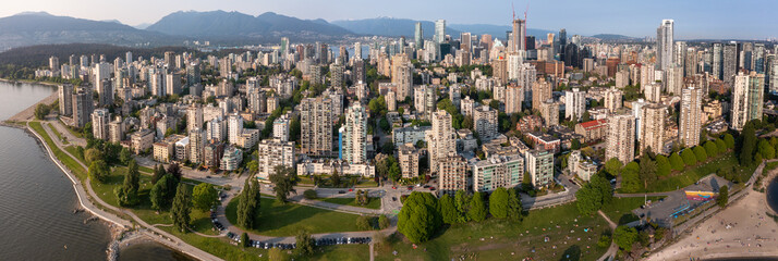 panoramic aerial city view of Downtown Vancouver in British Columbia, Canada with skyscrapers and...