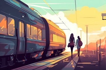 illustration of railway station, two woman stands at the platform, travel by train and adventures