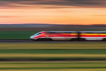 Fototapeta na wymiar dynamic moment of a high speed train passing country side at sunset.motion blur dramatic