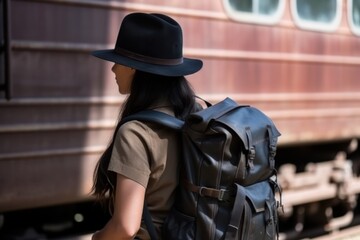 railway station where woman with backpack patiently waits for a passenger train travel experiences