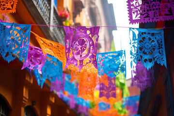 Brightly colored paper decorations hanging from a building. Day of the Dead festival, AI generative.
