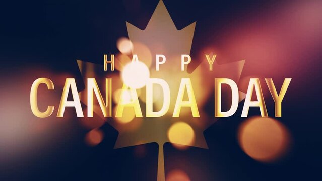HAPPY CANADA DAY golden text banner with gold maple leaf and gold bokeh animation background 
