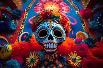 Skull a costume with flowers, Day of the Dead, AI generative ornate celebration display