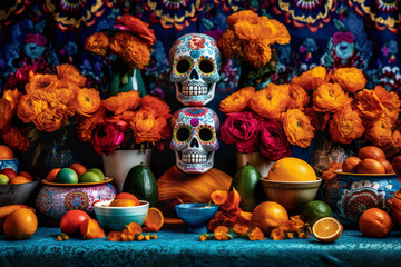 A table topped with bowls of fruit and flowers. AI generative. Day of the Dead picturesque display