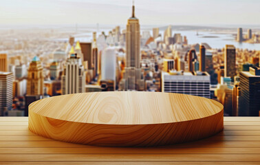 Wooden round podium on wooden table and city skylines background.