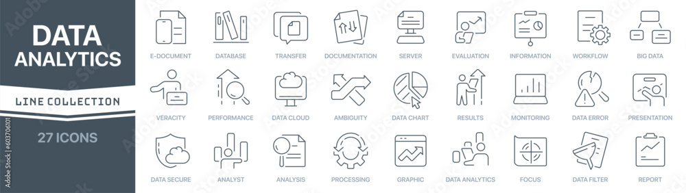 Poster Data analytics linear signed icon collection. Signed thin line icons collection. Set of data analytics simple outline icons