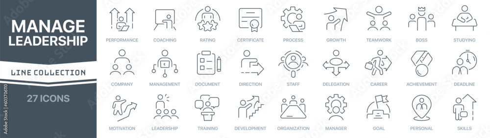 Aufkleber manage and leadership linear signed icon collection. signed thin line icons collection. set of manag