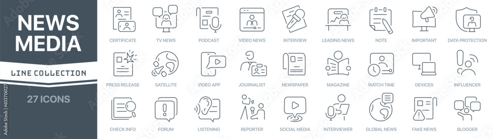 Aufkleber news and media linear signed icon collection. signed thin line icons collection. set of news and med