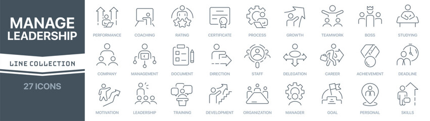 Manage and leadership linear signed icon collection. Signed thin line icons collection. Set of manage and leadership simple outline icons