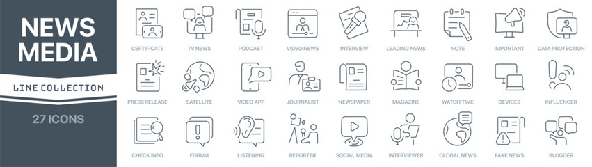 News and media linear signed icon collection. Signed thin line icons collection. Set of news and media simple outline icons