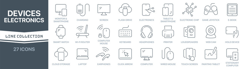 Devices and electronics linear signed icon collection. Signed thin line icons collection. Set of devices and electronics simple outline icons