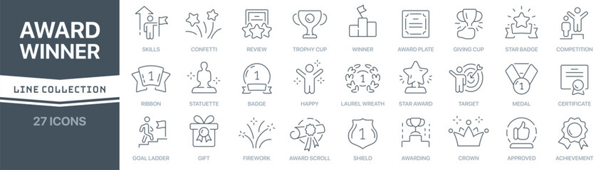 Award and winner linear signed icon collection. Signed thin line icons collection. Set of award and winner simple outline icons