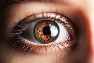 Fototapeta premium close-up of brown human eye, macro shot vivid colors of iris and pupil, ophthalmology eye health
