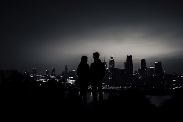 Silhouette of a romantic young couple enjoying the city nightscape