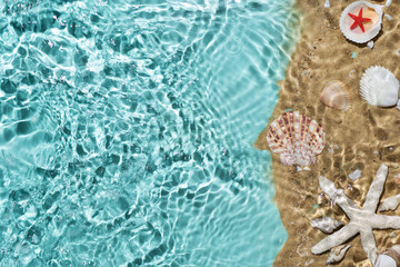 Sea water, sand and seashells background. Summer beach. Summer background.