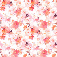 Obraz na płótnie Canvas Seamless pattern flowers and leaves. Pattern in Asian Japanese style. generative ai
