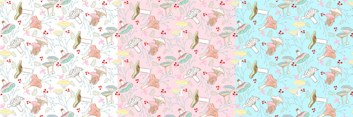 Vector seamless half-drop pattern, with mushrooms