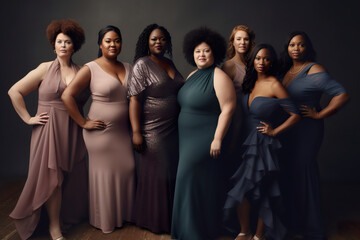 Diverse group of curvy, plus size, active, big, chubby woman standing next to each other. Generative AI illustration, plus size beauty campaign, muted colors