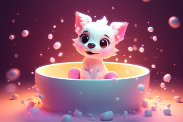 Illustration of Little cute small dog wich waiting for take a bath surrounded bubbles. Generative AI