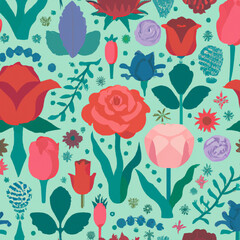 Flat Lay Red Roses and Blue Tulips Pattern Wallpaper, Floral Pattern Art