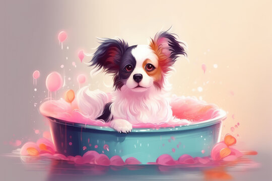 Illustration of Little cute small dog wich waiting for take a bath surrounded bubbles. Generative AI