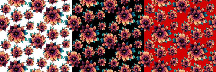 Tree variation vector seamless pattern, with flowers