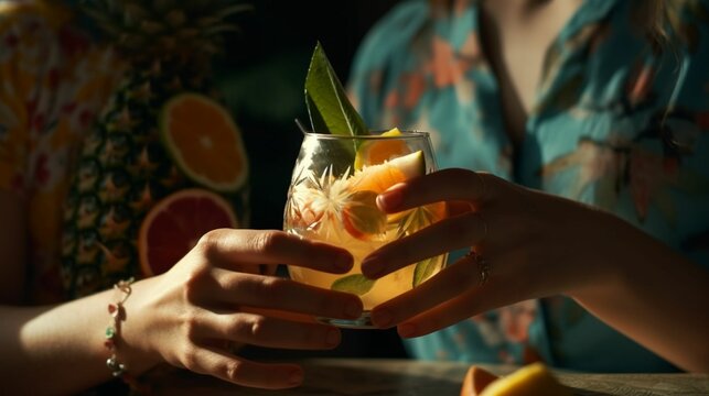 Woman enjoying tropical drinks