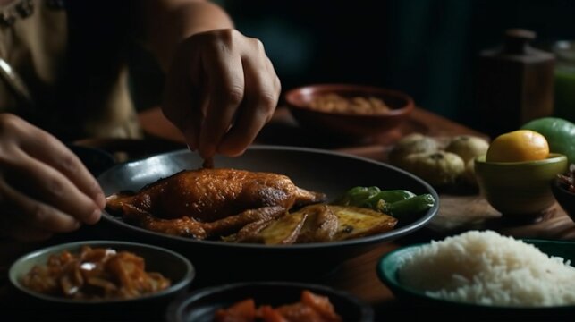 Woman at dinning Table enjoying eating