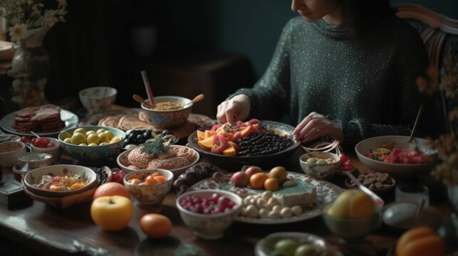 Woman at dinning Table enjoying eating