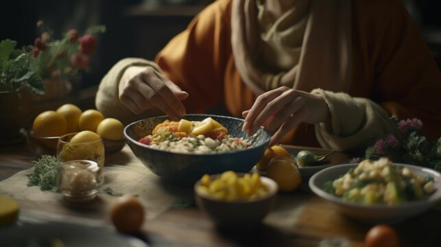 Woman at dinning Table enjoying eating