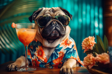 Relaxed pug dog in sunglasses sunbathing at seaside resort and wear a Hawaiian shirt lounging on deck chair with fruity cocktail. Vacation rest in hot country beach concept. Generative AI Technology - obrazy, fototapety, plakaty