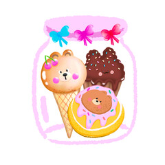 Various types of ice cream donuts sweet character