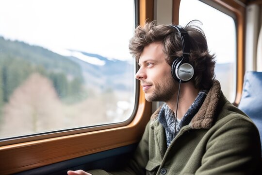 train travel, man music through her headphones seat by spacious window, views outside