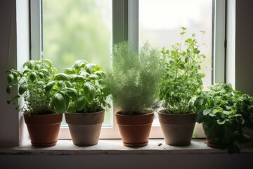 Aromatic potted herbs on window. Generate Ai