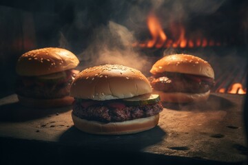 Barbecue beef burgers fire. Generate Ai