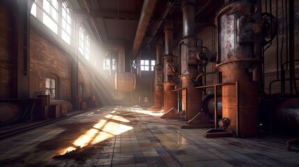 Abandoned brick power station illuminated with daylight. Generative AI industrial interior.