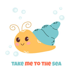 Sea life lettering quote decorated with cute cartoon doodles. Sea poster, print, card, kids apparel decor, sticker.