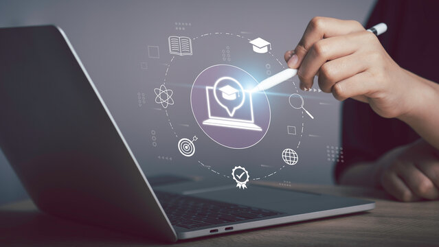 Course education online or E-learning concept. Graduate certificate coaching program Study or teaching by video, Virtual Show graduation hat icon, Digital courses develop skills thinking idea.