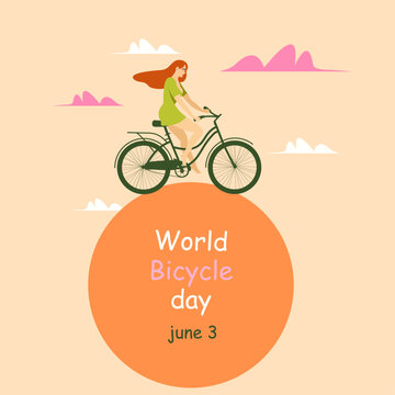 World Bicycle Day June 3, World Bicycle Day concept. Girl rides a bike, bike vector logo template