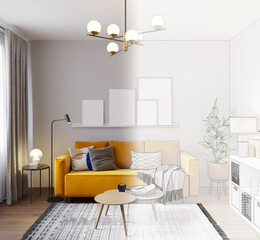visualization of a cozy modern interior, 3d rendering, cg illustration
