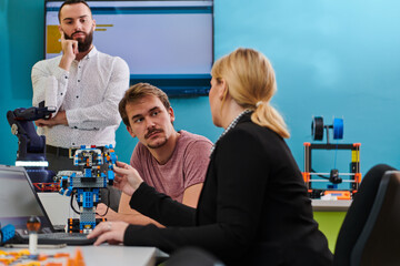 Obraz premium A group of colleagues working together in a robotics laboratory, focusing on the intricate fields of robotics and 3D printing. Showcase their dedication to innovation, as they engage in research