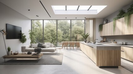 Plakat show flat interior design modern nature contemporary dining area daylight minimal decoration style home design concept, image ai generate