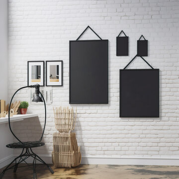 Modern Gallery Wall Mockup with Multiple Picture Frames on White Brick Wall