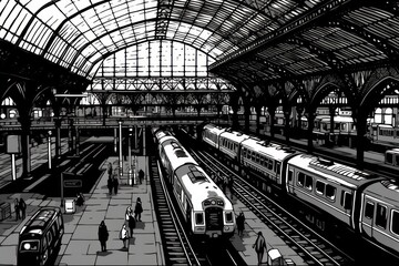 black and white hand drawn illustration High-speed train arriving at big railway station