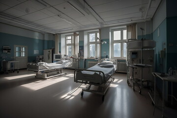 Preparedness: Empty Hospital Beds with Essential Equipment for Patient Care, Generative AI