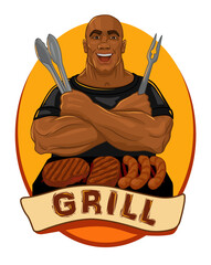 Template of Logo or Label Design with Muscular African-American Man and Grill. BBQ Company Mascot. Vector Illustration. Cartoon Style - 603712527