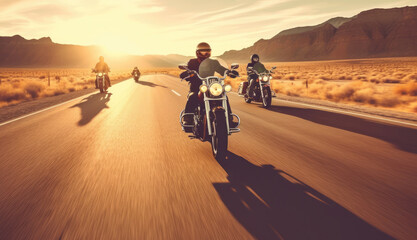 Illustration of cruiser motorcycles and bikers on the road - Created with generative ai