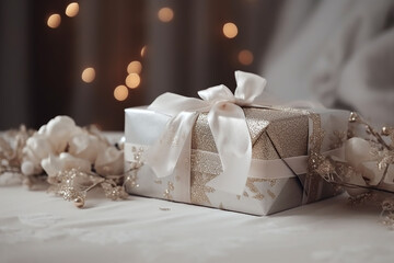  A gift in a white elegant box tied with a white silk ribbon. Christmas concept.  Generative ai