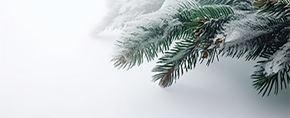 Obraz premium Christmas tree branch covered with snow on a white background. Banner. Generative ai