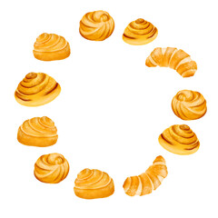 Watercolor bakery background. Bake shop round frame made of bakery goods. Sweets and desserts Cooking template. Isolated hand drawn digital watercolor illustration: print, kitchen, logo, restaurant